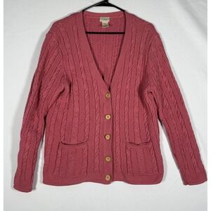 VTG L.L. Bean Cardigan Sweater Womens Large Pink Chunky Knit V Neck Button 0DBS7
